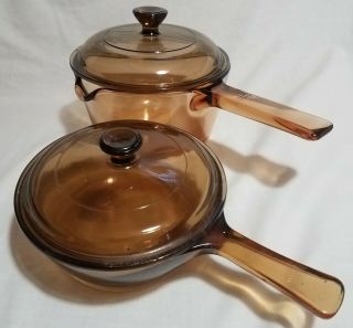 Corning Ware Pyrex Vision Amber 1l &.  5l Saucepans Pots W/ Lids Cookware Lknw K2