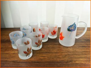 Dartington Designs Glass Pitcher Jug Glasses Set Autumn Leaves Frosted Water Art