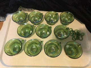 Vtg Green Iridescent Carnival Glass Harvest Grape Indiana 11 Punch Bowl Cups