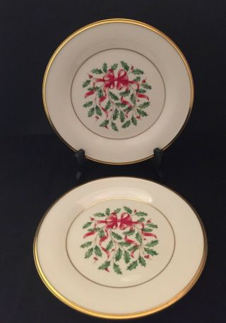 2 Lenox Holiday Red Ribbon Accent Salad Plates 24k Gold Rimmed Nwt