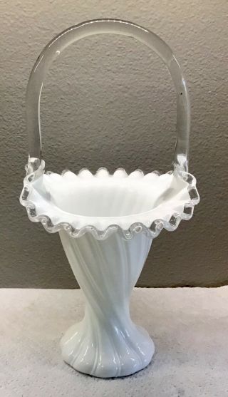 Tall Fenton White Milk Glass Silvercrest 12” Swirled Basket With Crystal Handle