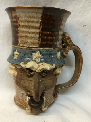 Uncle Sam Face Large Mug 5 3/4 " Hand Made Thrown Art Pottery Usa