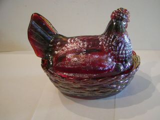 Fostoria Red Amberina Carnival Glass Chicken On A Nest/basket