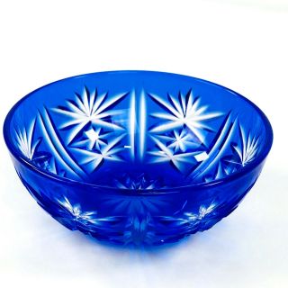 Vintage Cobalt Blue Cut To Clear Glass Finger Bowl Starburst Candy Berry Dish