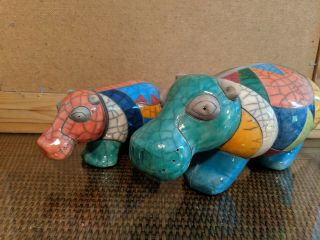 Two Fenix Raku Pottery Hippo Figurines Hand Made In South Africa