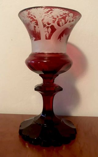 Old Bohemian 7 3/4 In.  Goblet Red Cut To Clear Glass W/ 2 Leaping Stags