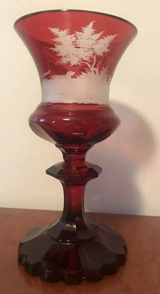 Old Bohemian 7 3/4 in.  Goblet Red Cut To Clear Glass w/ 2 Leaping Stags 2