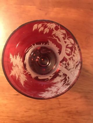 Old Bohemian 7 3/4 in.  Goblet Red Cut To Clear Glass w/ 2 Leaping Stags 3