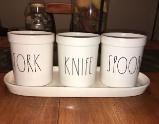 Rae Dunn Spoon Fork Knife Utensil Canister Tray Holder Set Caddy Pots Euc