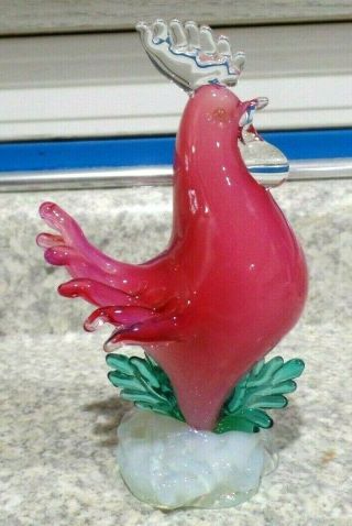 Vtg Murano Style Glass Rooster Figurine Statue Chicken Deep Pink Red Ec