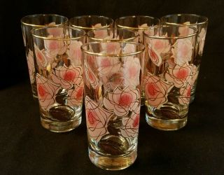 Rare Vintage Libbey Pink & Gold Roses Textured Glasses Tumblers Mcm Atomic 1960