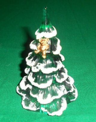 Fenton 4” Green Glass Christmas Tree - White Snow & Gold Teddy Bear