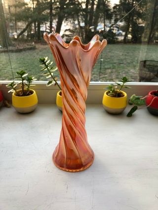 Vintage Dugan Wide Rib Marigold Or Peach Opalescent Carnival Glass Swung Vase