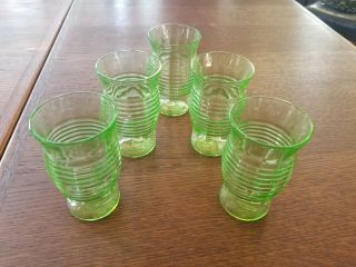 Set Of 5 Green Depression Glass 3 Inch Tall Tumblers Juice Glass