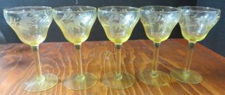 Vintage Set Of (5) Etched Yellow Depression Glass Sherry Glasses Cond
