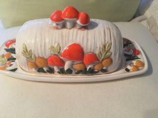 Vintage Ceramic Mushroom Covered Butter Dish Estate Large Size Retro Style