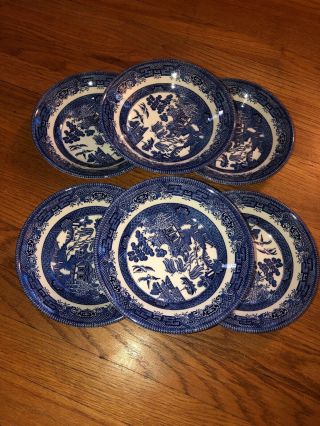 6 Blue Willow 8” X 1.  5” Bowls Stamped Churchill Lion Made In England