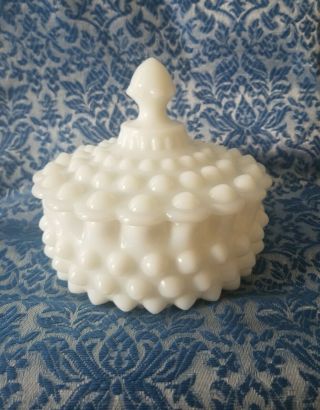 Vintage Fenton White Milk Glass Candy Dish With Lid.  Hobnail.  5 ".  Made In Usa.