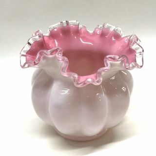 Vintage Fenton Glass Rose Bowl Melon Vase Pink Ruffled Silver Crest