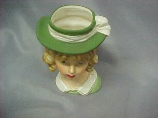 Vtg Girl Lady Head Vase Planter Relpo K1839 Girl W Green Hat And Dress Japan E