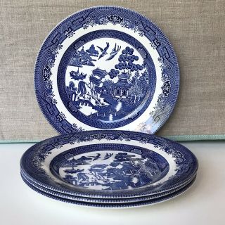 4 Vintage Collectible Churchill Blue Willow Dinner Plates Made In England