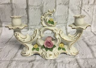 Vintage Rare Dresden Rose Porcelain 2 Candle Holder Pink Yellow Green White Gold