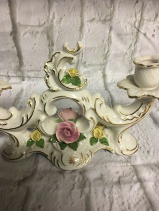 Vintage Rare Dresden Rose Porcelain 2 Candle Holder Pink Yellow Green White Gold 2