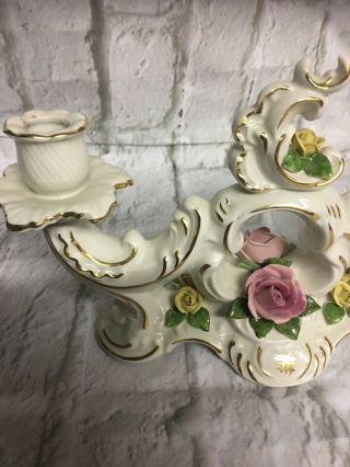Vintage Rare Dresden Rose Porcelain 2 Candle Holder Pink Yellow Green White Gold 3