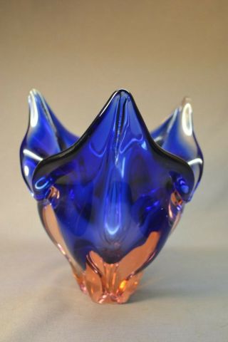 Heavy 5.  8lbs Antique Vintage Two - Tone Murano Art Glass Blue Rose Cased Vase 8.  5 "