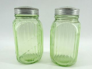 Large 5 " Vintage Green Depression Glass Salt And Pepper Shakers W/ Aluminum Lids