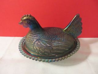 Vintage Indian Glass Carnival Blue Hen On A Nest Chicken In A Basket