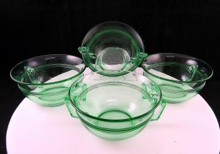 Elegant Depression Era Green Vaseline Glass 4 Piece Ringed 2 " Bouillon Soup Cups