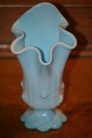 Vintage Fenton Blue Slag Marble Cabbage Rose Handkerchief Vase 6 5/8 "