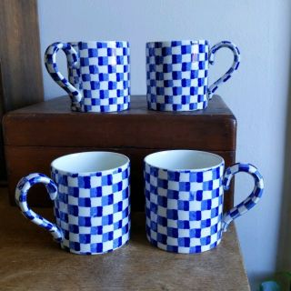 Set 4 Burleigh Chequers Ironstone Staffordshire Mugs England Blue & White Mug