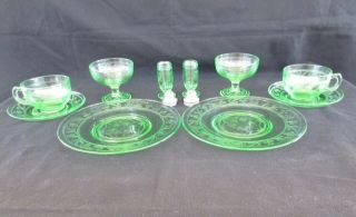 Vintage Hazel Atlas Cloverleaf Green Plates Cups Saucers Shakers Sherbets
