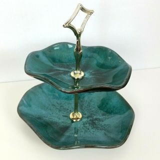 Blue Mountain Pottery Bmp 2 Tier Tray Green Glaze Mid Century Modern Mcm Vtg