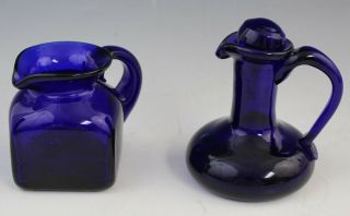Pair Vintage Cobalt Blue Glass Cruette Creamer Pitcher Set Oil Vinegar