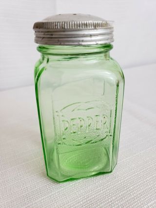 Vintage Hazel Atlas Green Depression Glass Embossed Pepper Shaker W/metal Lid