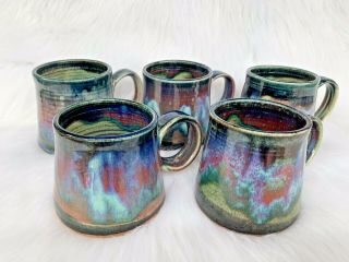 Handmade Stoneware Pottery Art Coffee Mugs/cups Set Gloss Blue Glaze Home Decor