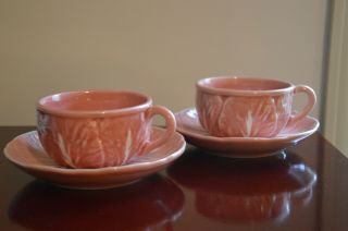 Bordallo Pinheiro China Cabbage Pink Pattern Set Of Two (2) Cups With Saucers