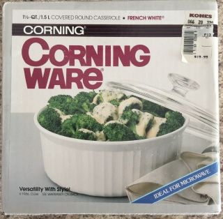 1986 Corning Ware 1.  5 Qt/1.  5 L Round Covered Casserole French White Box