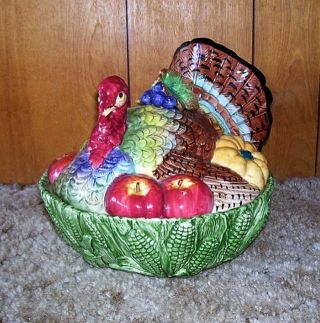 Fitz & Floyd Holiday Turkey 1.  25 Qt.  Covered Bowl.  Gorgeous Colors & Detail 7