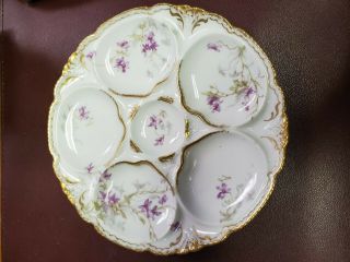 Antique Theodore Haviland Limoges Porcelain Oyster Plate Purple Foral Gold Trim
