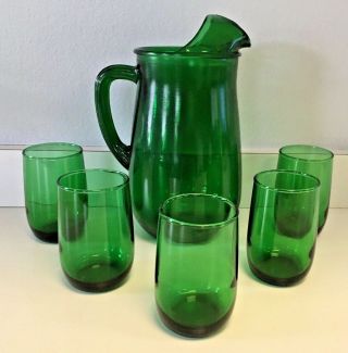 Anchor Hocking Forest Green 36 Oz.  Pitcher,  5 (five) Roly Poly Juice Tumblers