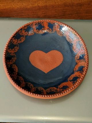 Ned Foltz Cobalt - Blue & Red Redware Heart Plate W/ Coggled Edge 7.  75 "