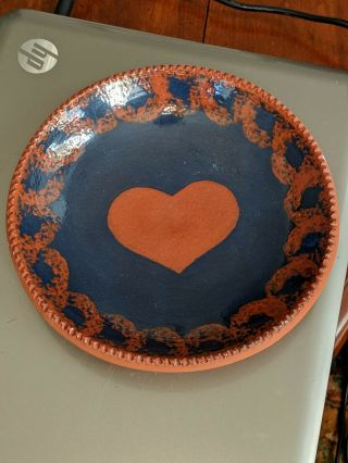 Ned Foltz Cobalt - Blue & Red Redware Heart Plate w/ Coggled Edge 7.  75 