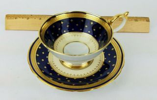 Vintage Aynsley Bone China Tea Cup & Saucer Cobalt Blue Gold Fleur De Lis 7494