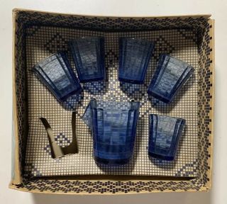 Vtg Antique Cobalt Blue Akro Agate Toy Tea Set Childrens Art Deco Box