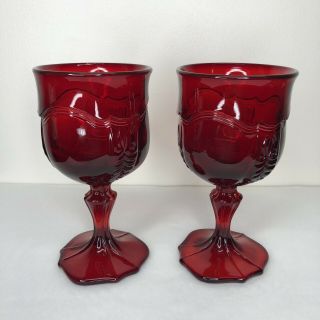 Fenton Empress Pattern Ruby Red Scalloped Base Glass Wine Goblets Set Of 2