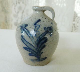 Rowe Pottery 1992 Miniature Salt Glazed Cobalt Blue Flower Jug Crock Handmade